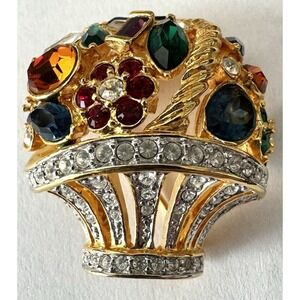 Kenneth Jay Lane KJL Rhinestone Flower Basket Brooch Gold Tone Multicolor Signed